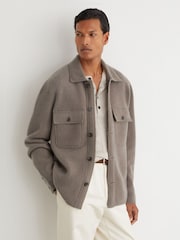 Reiss Taupe Brown Banstead Brushed Wool Button-Through Relaxed Overshirt - Image 3 of 7
