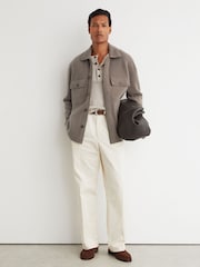 Reiss Taupe Brown Banstead Brushed Wool Button-Through Relaxed Overshirt - Image 4 of 7