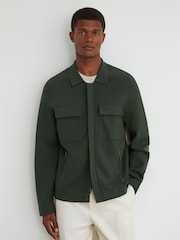 Reiss Dark Green Fleetwood Twin-Pocket Concealed-Placket Knitted Jacket - Image 1 of 6