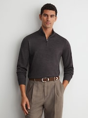 Reiss Dark Wicker Brown Blackhall Merino Wool Half-Zip Funnel-Neck Jumper - Image 1 of 6