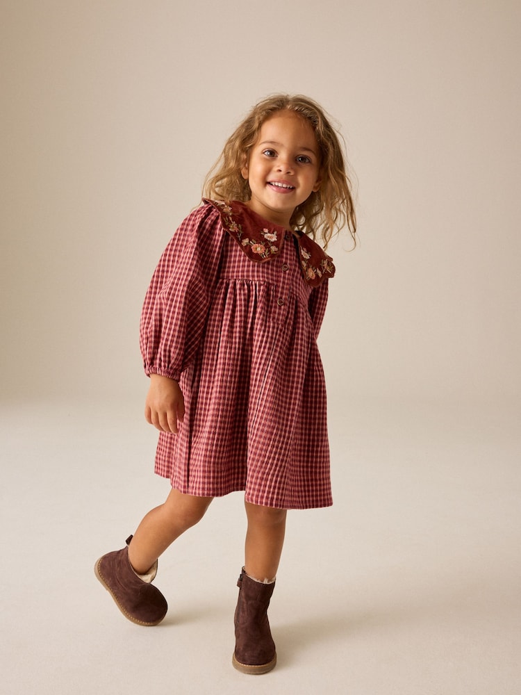 Chocolate Brown Cord Collar Check Long Sleeve Dress (3mths-8yrs) - Image 1 of 4