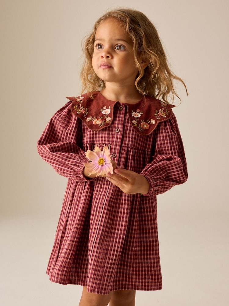 Chocolate Brown Cord Collar Check Long Sleeve Dress (3mths-8yrs) - Image 2 of 4