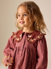 Chocolate Brown Cord Collar Check Long Sleeve Dress (3mths-8yrs) - Image 4 of 4