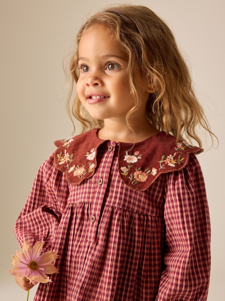 Chocolate Brown Cord Collar Check Long Sleeve Dress (3mths-8yrs) - Image 4 of 4