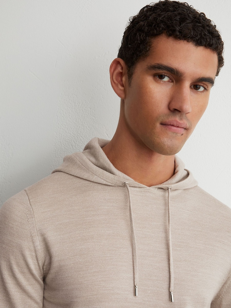 Reiss Stone Mouline Holland Merino Wool Drawstring Hoodie - Image 1 of 6 Reiss Stone Mouline Holland Merino Wool Drawstring Hoodie - Image 1 of 6