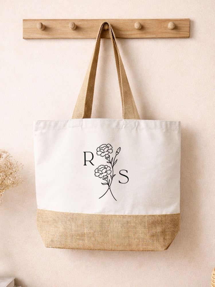 Personalised Birth Flower Initials Canvas Tote Bag by No Ordinary Gift - Image 1 of 4
