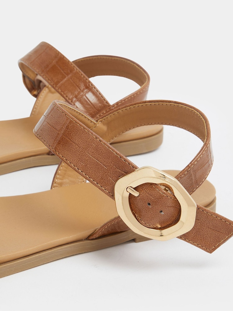 Yours Curve Brown Wide Fit Croc Buckle Detail Sandals - Image 3 of 3