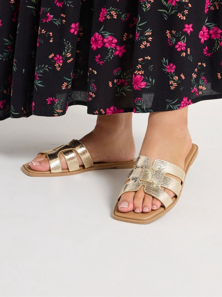 Yours Curve Gold Extra Wide Fit Cut Out Mule Sandals - Image 1 of 3