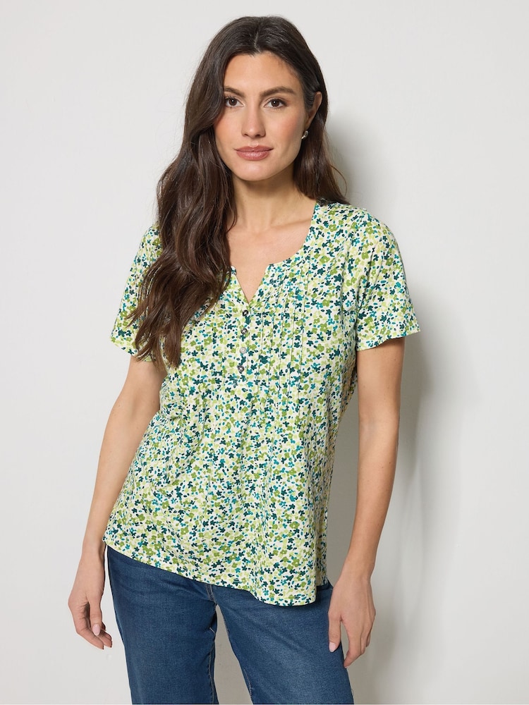 M&Co Sage Green Floral Cotton Henley Top - Image 1 of 5
