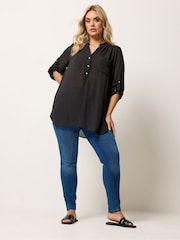 Yours Curve Black Half Placket Shirt - Image 2 of 5