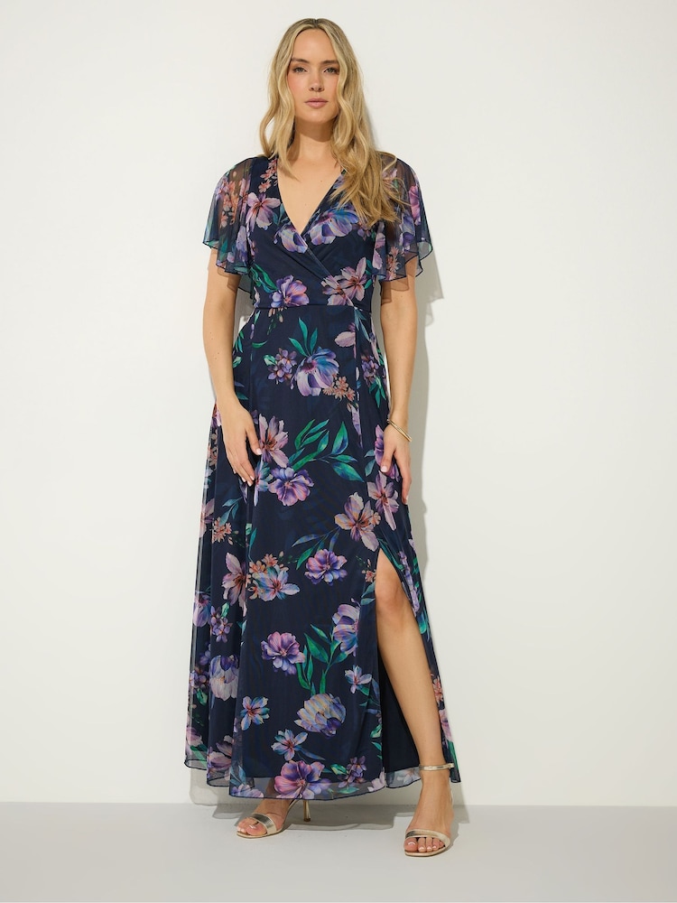 Long Tall Sally Blue Floral Mesh Wrap Maxi Dress - Image 1 of 5