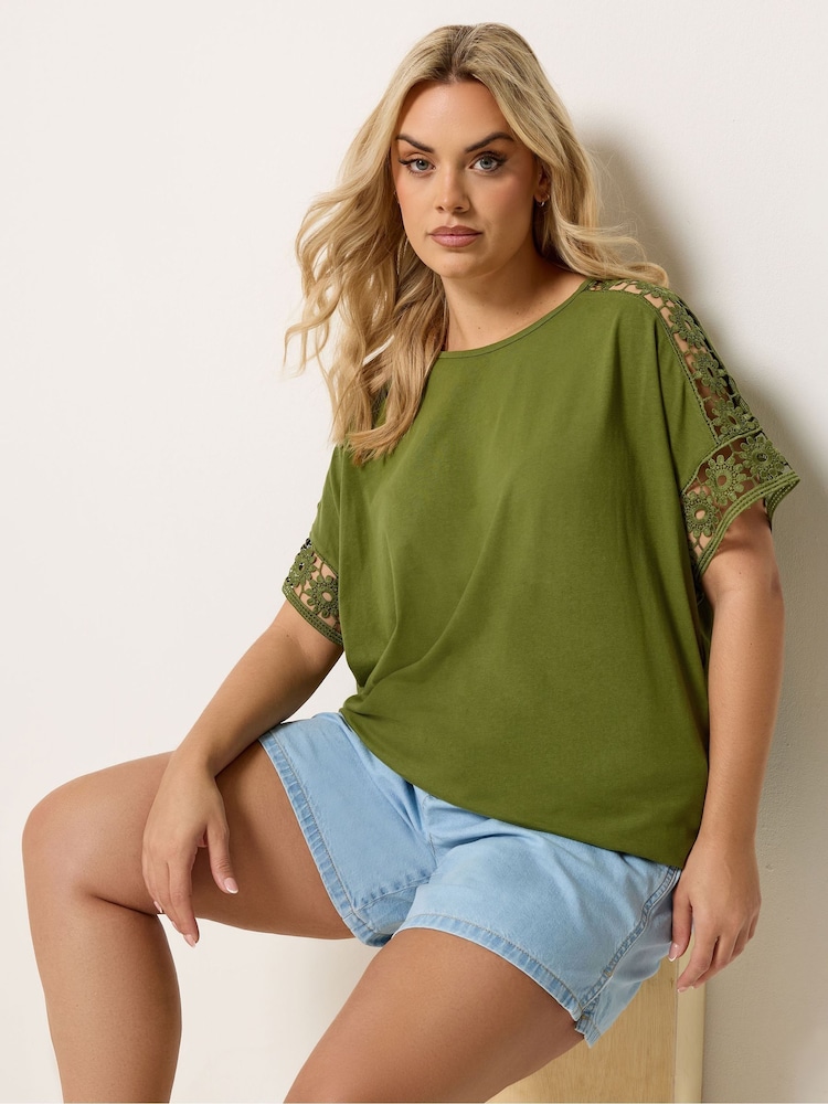 Yours Curve Green Crochet Sleeve Boxy T-Shirt - Image 1 of 5