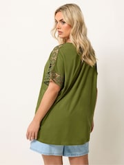 Yours Curve Green Crochet Sleeve Boxy T-Shirt - Image 2 of 5