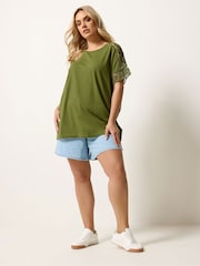 Yours Curve Green Crochet Sleeve Boxy T-Shirt - Image 3 of 5