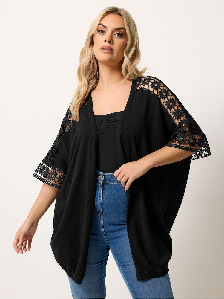 Yours Curve Black Crochet Sleeve Kimono - Image 1 of 5