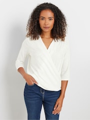M&Co Cream 3/4 Sleeve Wrap Top - Image 1 of 4