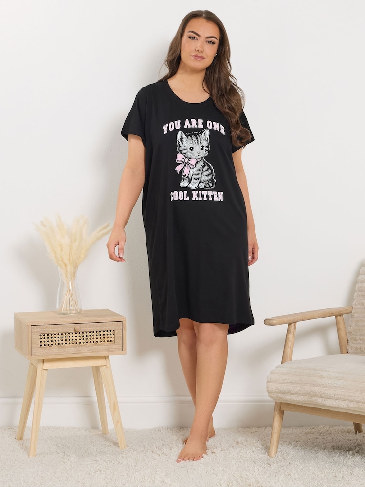 Yours Curve Black Cool Kitten Dipped Back Nightdress - Image 1 of 5 Yours Curve Black Cool Kitten Dipped Back Nightdress - Image 1 of 5