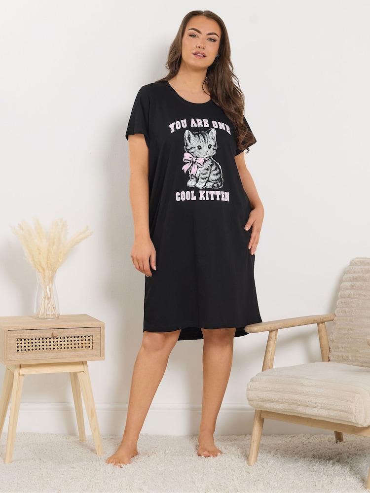 Yours Curve Black Cool Kitten Dipped Back Nightdress - Image 2 of 5 Yours Curve Black Cool Kitten Dipped Back Nightdress - Image 2 of 5