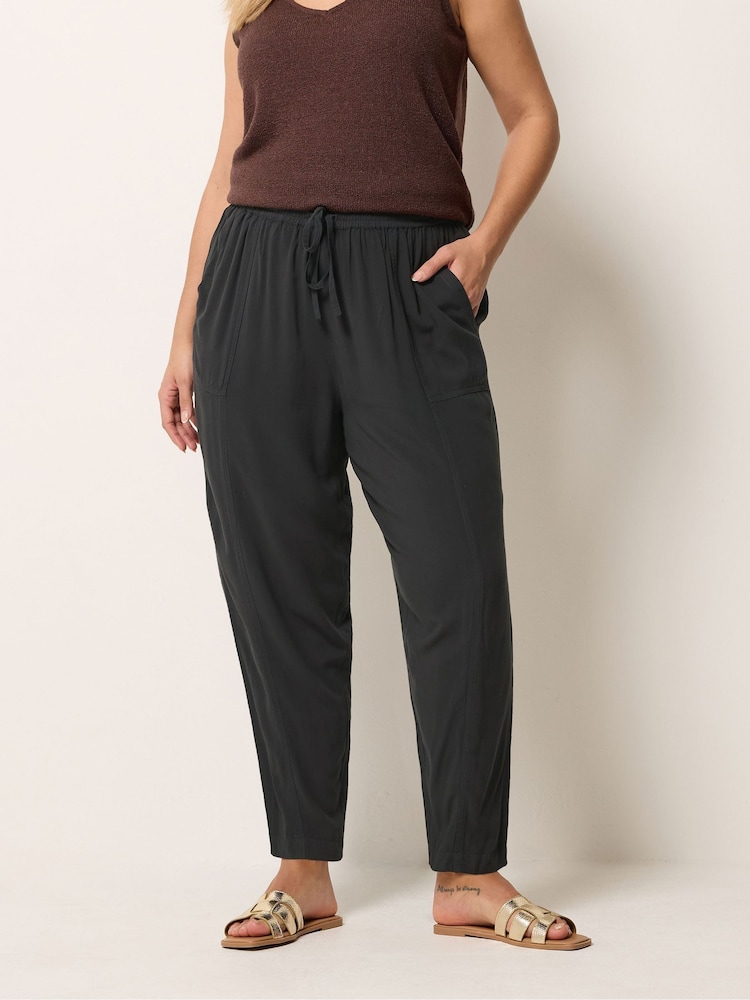 Yours Curve Black Chambray Barrel Trousers - Image 1 of 5 Yours Curve Black Chambray Barrel Trousers - Image 1 of 5
