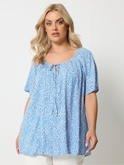 Yours Curve Blue Marl Boho Pintuck Blouse - Image 1 of 5