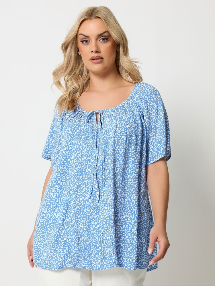 Yours Curve Blue Marl Boho Pintuck Blouse - Image 1 of 5