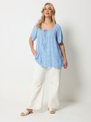 Yours Curve Blue Marl Boho Pintuck Blouse - Image 2 of 5