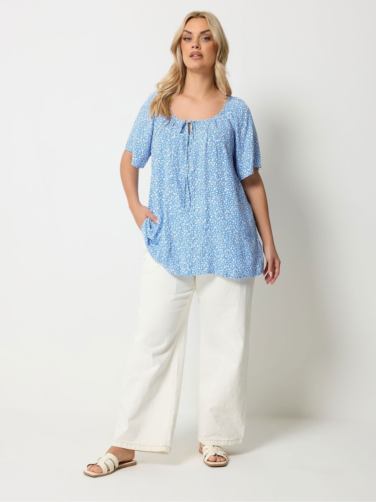 Yours Curve Blue Marl Boho Pintuck Blouse - Image 2 of 5