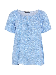 Yours Curve Blue Marl Boho Pintuck Blouse - Image 5 of 5