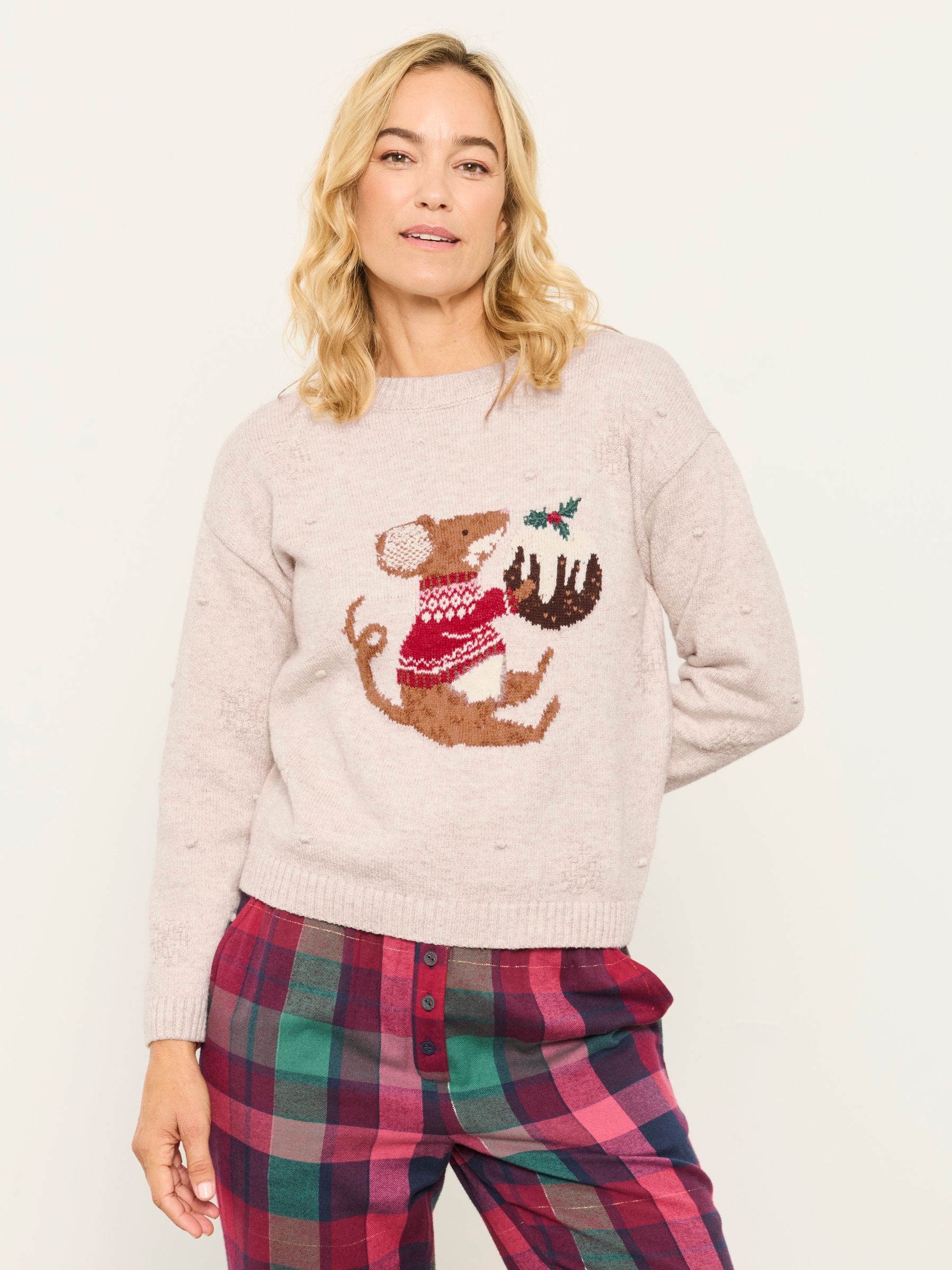 Fat Face Women's Oatmeal Fatface Shelter Pudding Mouse Christmas Jumper