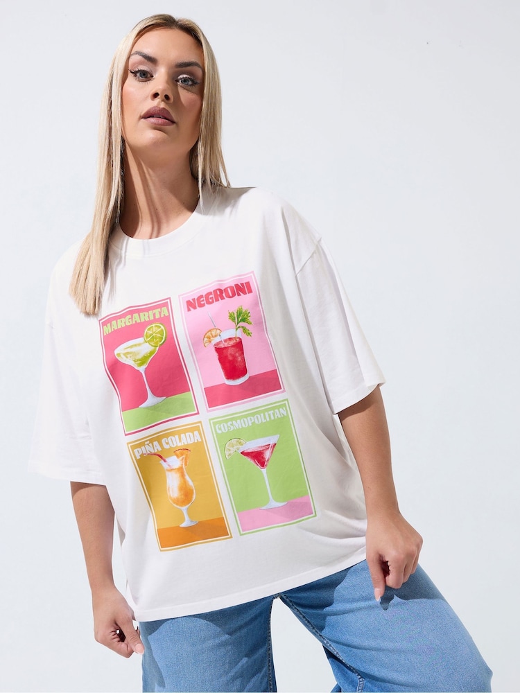 Yours Curve White Limited Cocktail Graphic T-Shirt - Image 1 of 5