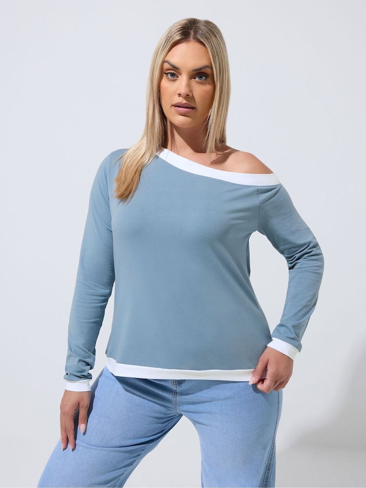 Yours Curve Blue Limited Contrast Shoulder Top - Image 1 of 5 Yours Curve Blue Limited Contrast Shoulder Top - Image 1 of 5