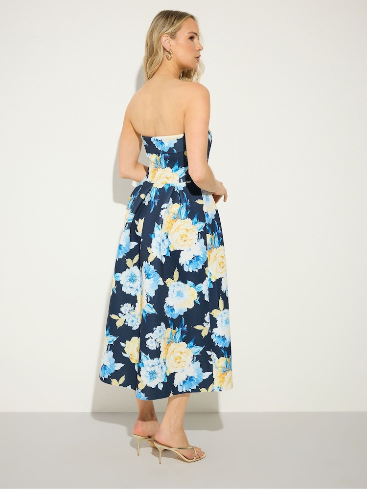 bardot blue floral dress LTS Women's Tall Navy Bandeau Pleated Midi Size 8 Size:US0/UK4