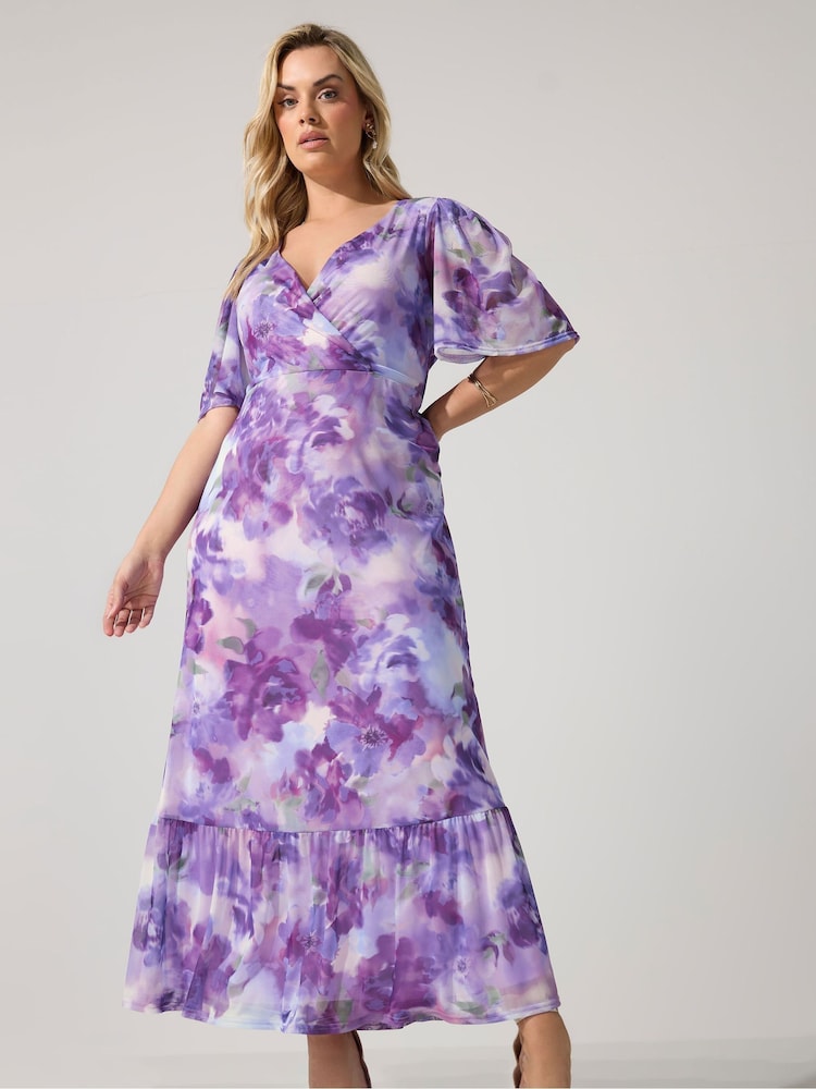 Пурпурный - Платье с запахом, оборкой по краю и цветочным принтом Yours Curve London - Изображение 2 5