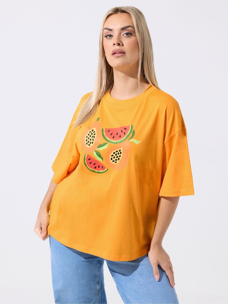 Yours Curve Orange Limited Fruit Print T-Shirt - Image 1 of 5