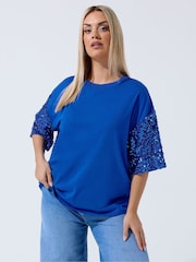 Yours Curve Blue Limited Sequin Sleeve T-Shirt - Image 1 of 5
