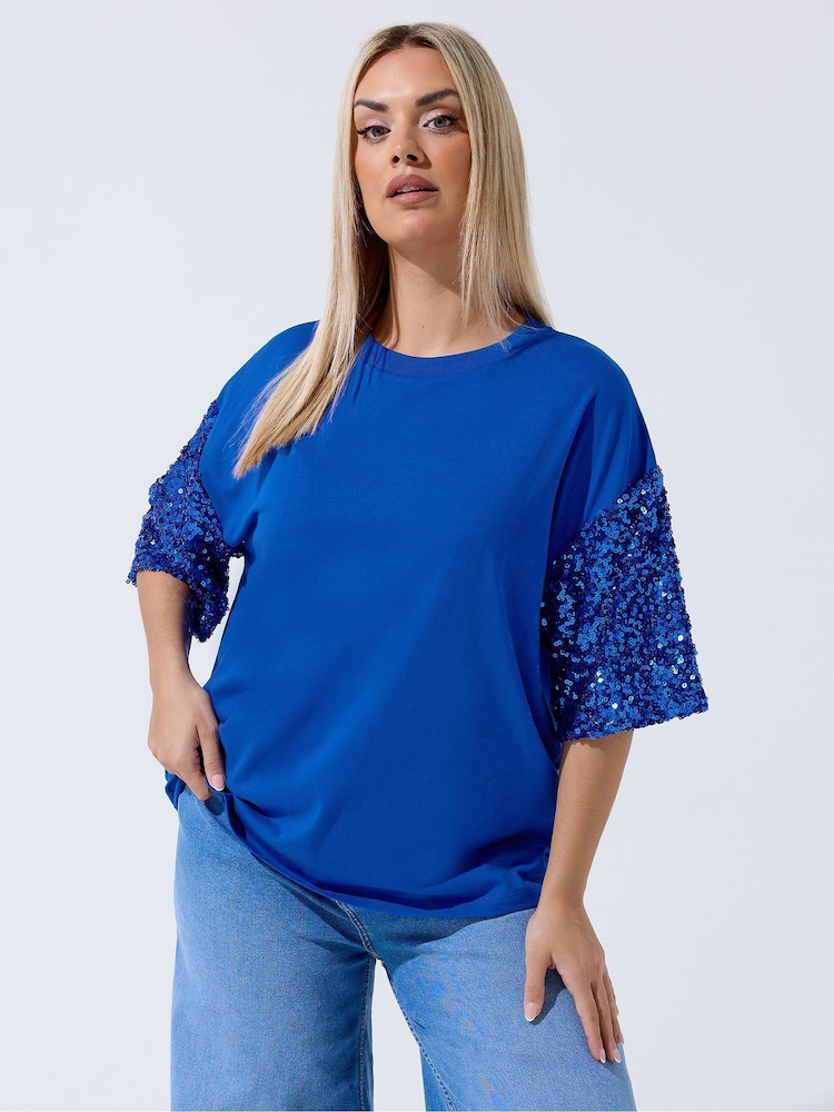 Yours Curve Blue Limited Sequin Sleeve T-Shirt - Image 1 of 5
