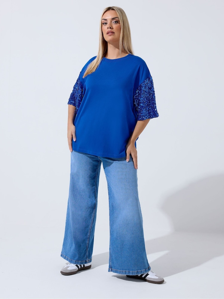 Yours Curve Blue Limited Sequin Sleeve T-Shirt - Image 2 of 5
