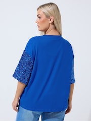 Yours Curve Blue Limited Sequin Sleeve T-Shirt - Image 3 of 5