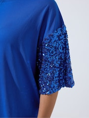Yours Curve Blue Limited Sequin Sleeve T-Shirt - Image 4 of 5