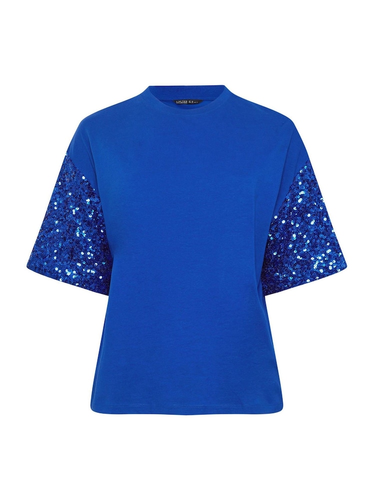 Yours Curve Blue Limited Sequin Sleeve T-Shirt - Image 5 of 5