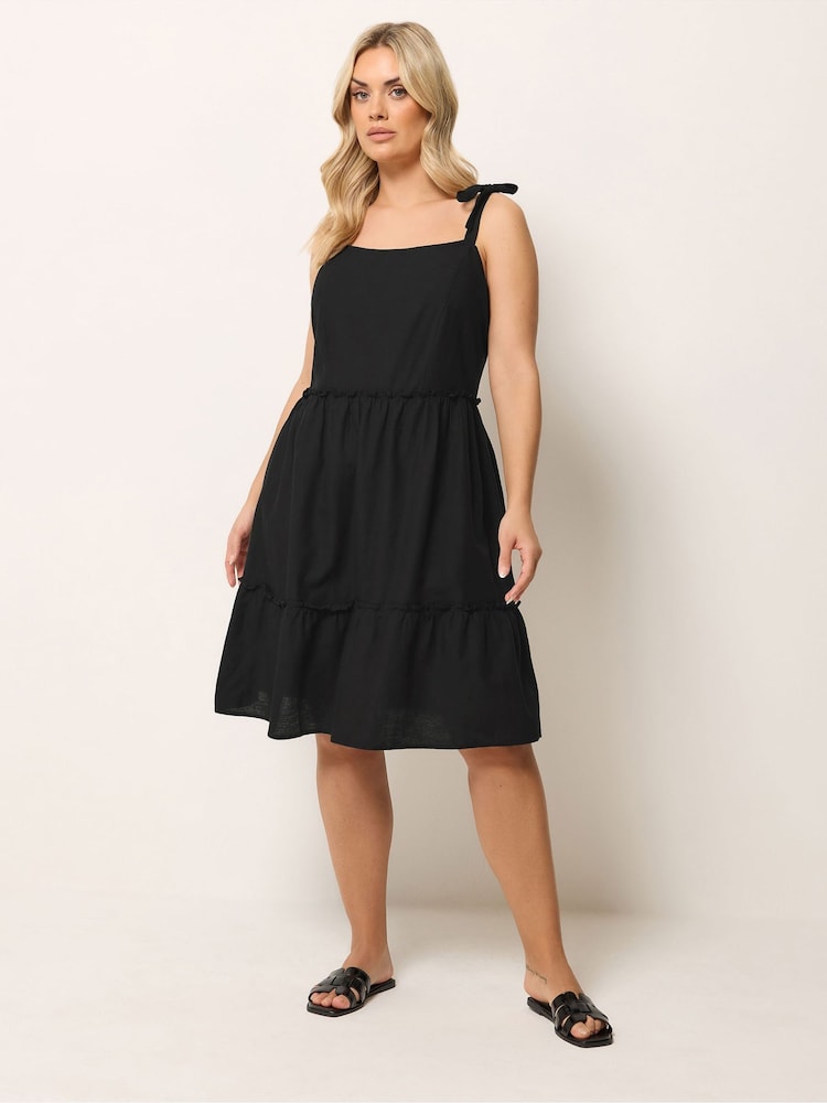 Yours Curve Black Linen Blend Tiered Smock Dress - Image 2 of 5