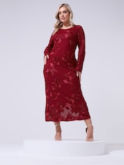 Yours Curve Red London Mesh Applique Long Sleeve Maxi Dress - Image 1 of 5