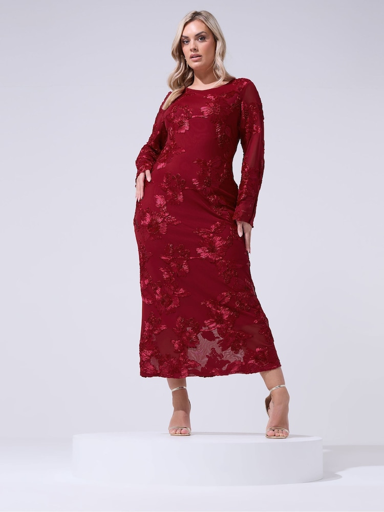 Yours Curve Red London Mesh Applique Long Sleeve Maxi Dress - Image 1 of 5