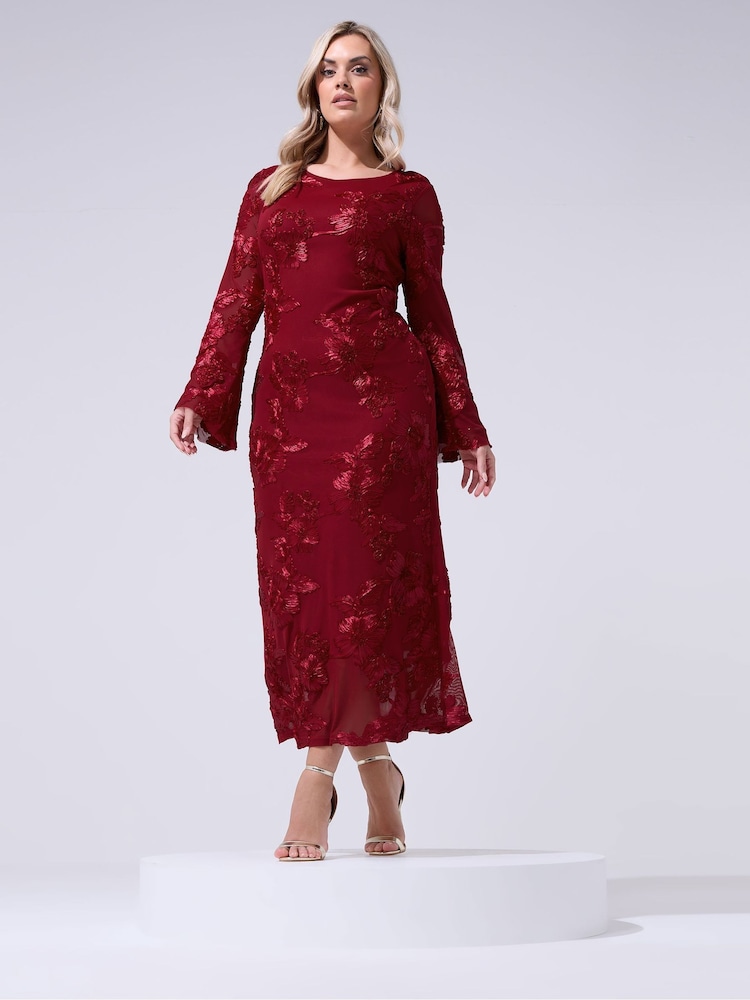 Yours Curve Red London Mesh Applique Long Sleeve Maxi Dress - Image 2 of 5