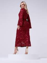 Yours Curve Red London Mesh Applique Long Sleeve Maxi Dress - Image 3 of 5