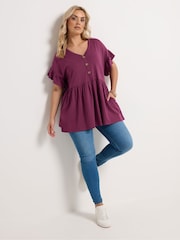 Yours Curve Purple Peplum Button Blouse - Image 2 of 5