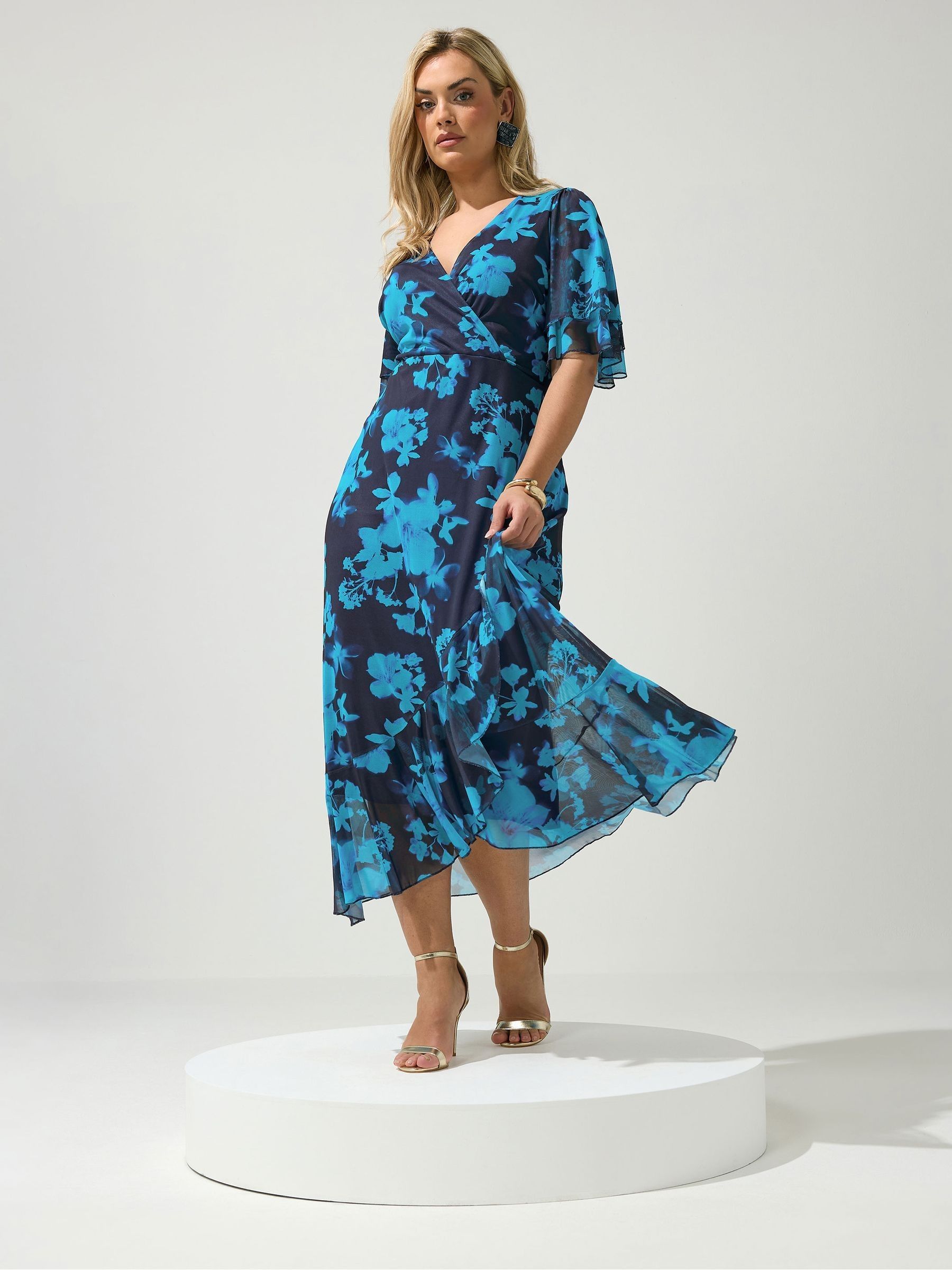 Yours Curve Women's Blue Mesh Wrap Ruffle Dress