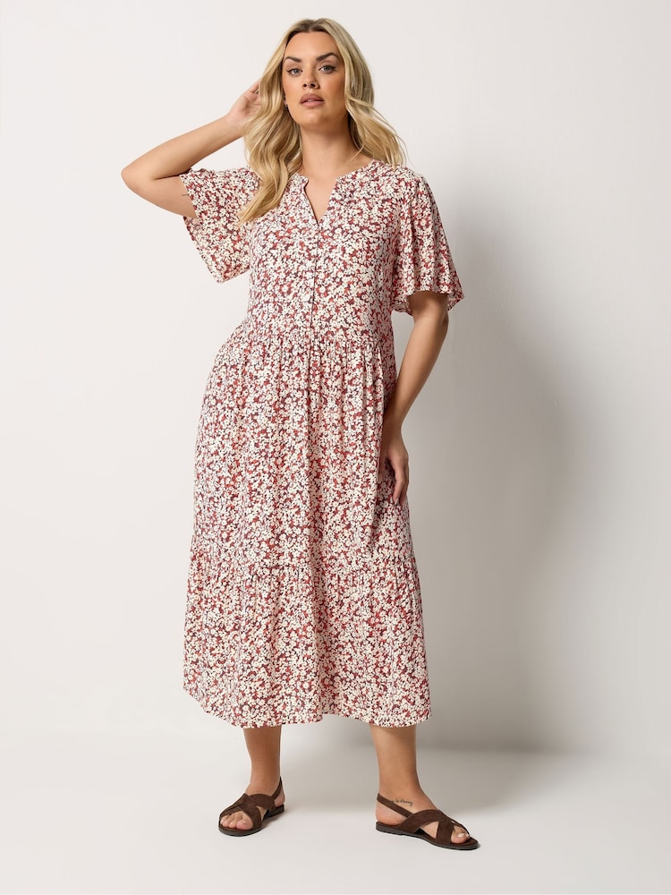 Yours Curve Orange Placket Tiered Dress - Image 2 of 5 Yours Curve Orange Placket Tiered Dress - Image 2 of 5