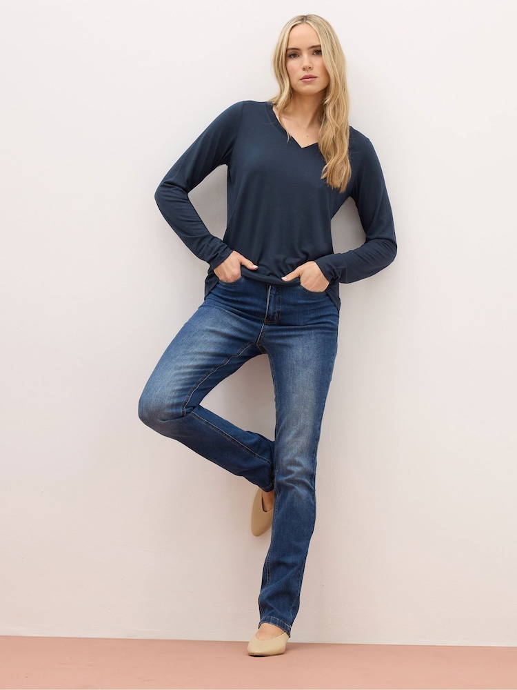 Long Tall Sally Blue Long Sleeve V-Neck Top - Image 2 of 5 Long Tall Sally Blue Long Sleeve V-Neck Top - Image 2 of 5