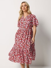 Yours Curve Red Placket Tiered Dress - Image 1 of 5